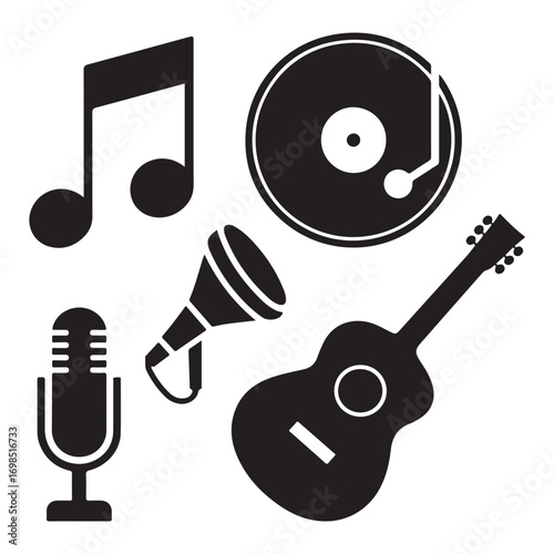music icons, guitar silhouette, microphone vector, vinyl record icon, music note clipart, retro speaker vector, band elements, concert design, festival music set, DJ record icon, music recording symbo