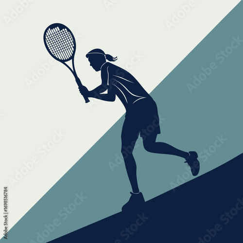a tennis player in action silhouette against geometric background