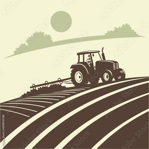 a tractor plowing fields under a bright sun