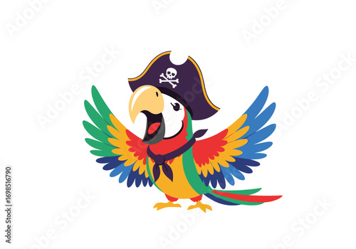 Fun cartoon parrot pirate with colorful wings and skull hat
