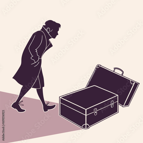 a man walking past two open suitcases on the ground