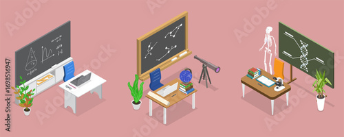 3D Isometric Flat Vector Illustration of Classroom set in School, Learning and Education