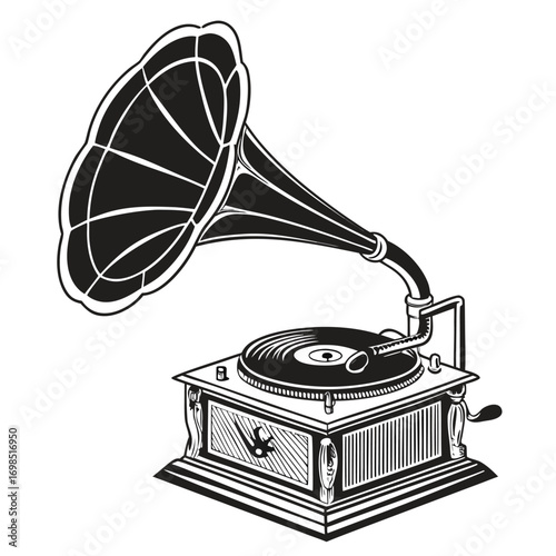 vintage gramophone with large horn and wooden base