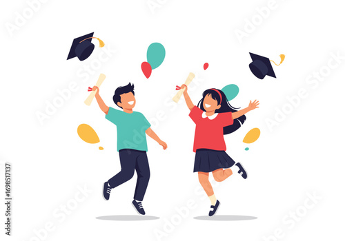 Happy kids celebrating graduation day with diplomas and caps