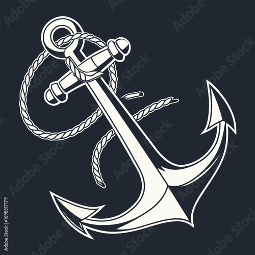 an anchor with rope coiled around it on dark background