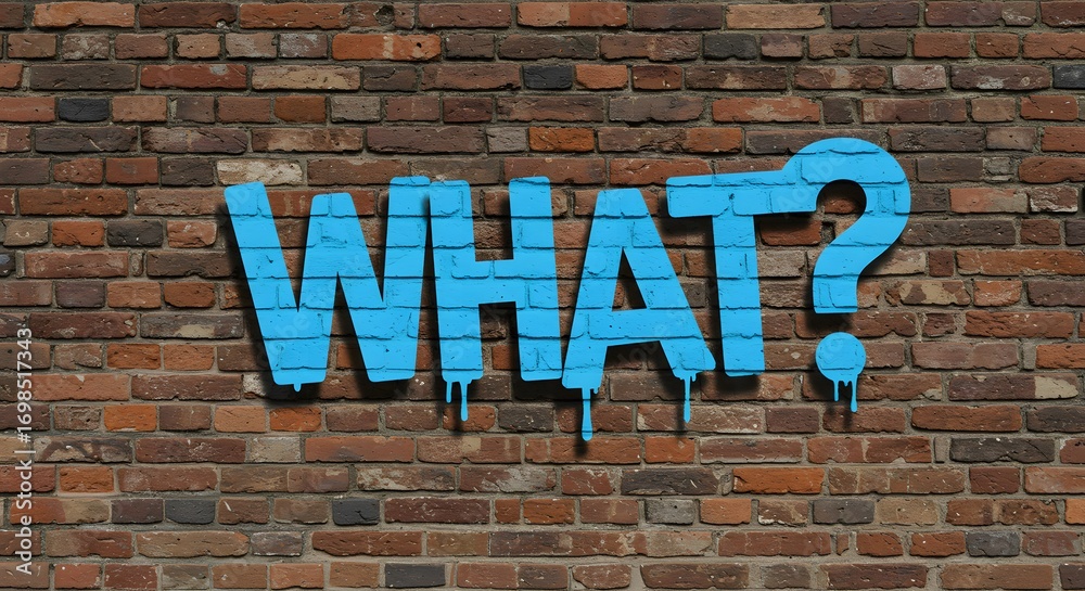 Obraz premium Bold blue graffiti question mark on weathered brick wall for conceptual design