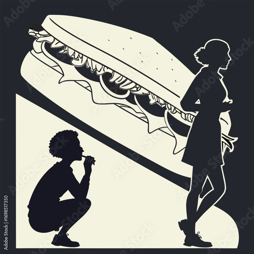 a child kneels before giant sandwich while woman walks away