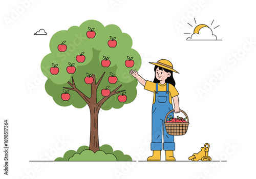 Farmer picking ripe red apples from a bountiful tree in an orchard