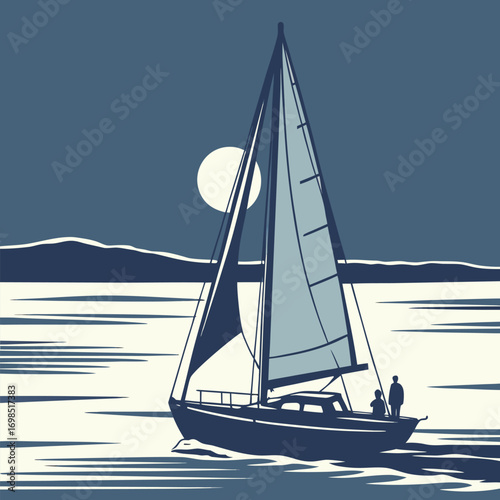 sailboat glides across calm waters under full moonlight