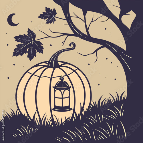 a pumpkin lantern under moonlit night with stars and leaves