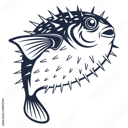 a detailed illustration of a spiky pufferfish in black and white