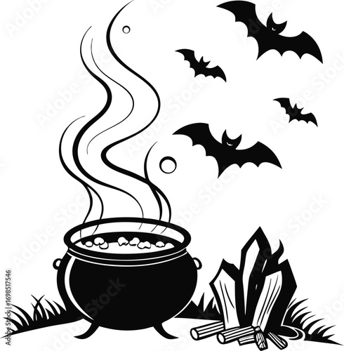 Stylized silhouette of a bubbling cauldron with mystical elements