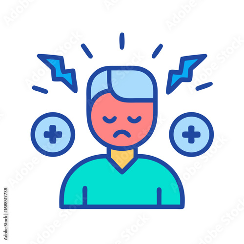 Frustrated person with lightning and plus signs on black