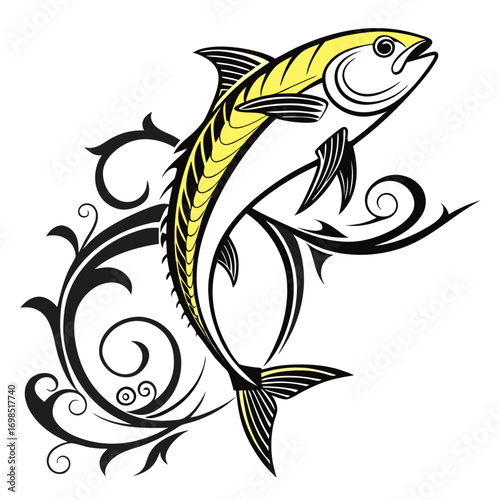 Stylized yellow fish jumping with black tribal swirls