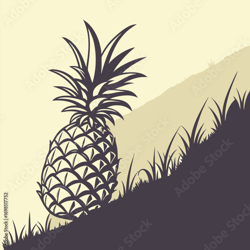 a pineapple resting on grassy hillside under clear sky