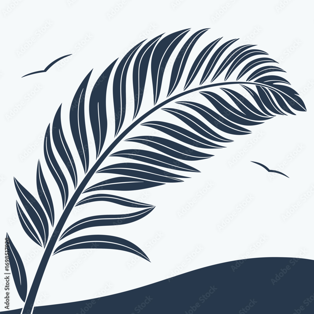 Obraz premium a palm leaf swaying gently with birds flying above