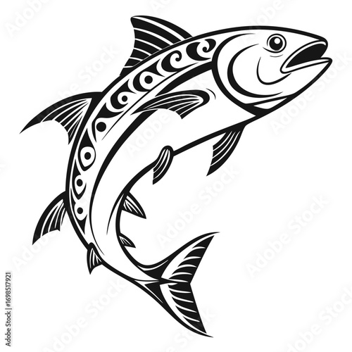 Stylized black and white tattoo style fish illustration