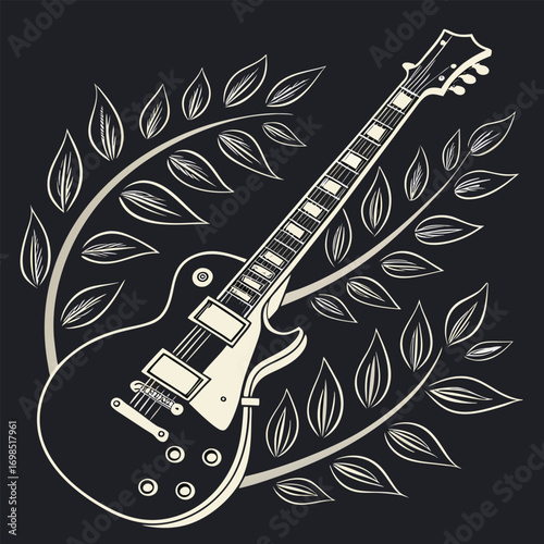 guitar surrounded by intricate leaf patterns on dark background