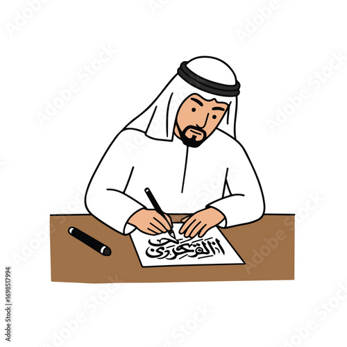 Calligrapher writes Arabic with a pen on a table