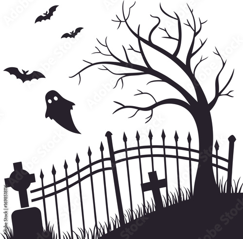 Stylized silhouette of a spooky graveyard with crooked tombstones and trees