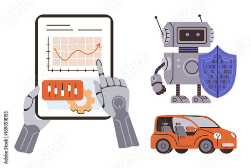 Robotic hands interact with a data chart, a robot with a coded shield, and an autonomous car. Ideal for technology, AI innovation, automation, cybersecurity, data analytics, robotics smart vehicles