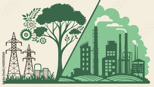 City Skyline Split Between Greenery and Machines – Vector Illustration of Nature vs Technology 