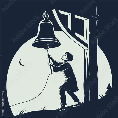 a boy ringing large bell under moonlit night sky