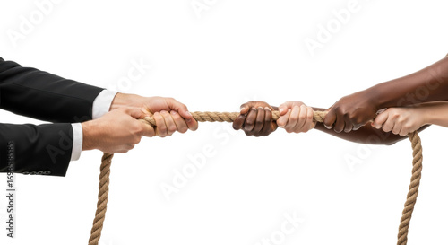Powerful male arm in black suit pulls taut rope, opposing diverse hands pull from right on transparent studio background, high contrast, concept of fierce business competition