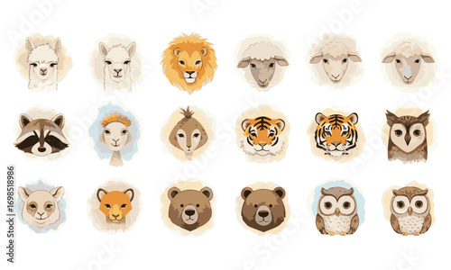 Cute Cartoon Animal Heads Collection with Various Wildlife and Farm Animals in Watercolor Style