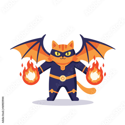 A cartoon cat in a superhero costume with wings and fireballs