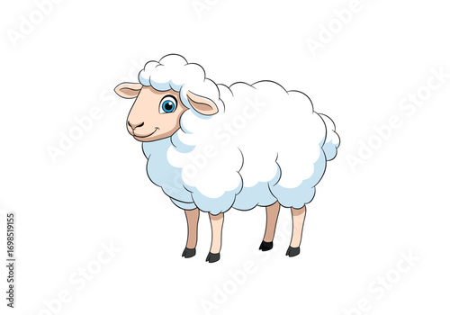 A cute cartoon white sheep standing on four legs with blue eyes