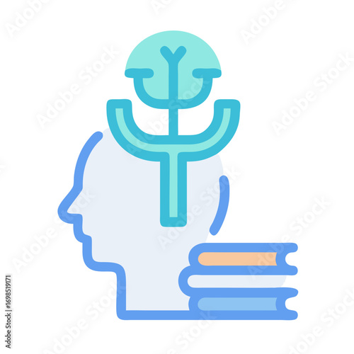 Psychology education studying mind concept with books and head