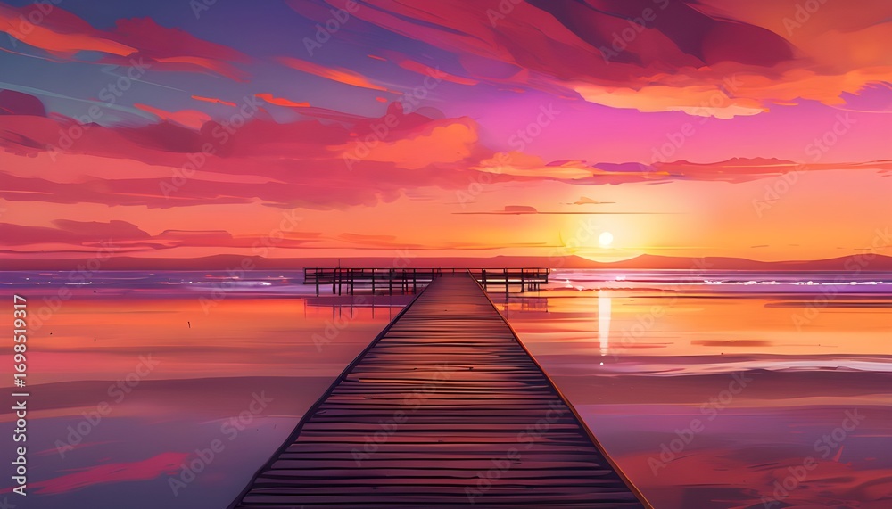 Fototapeta premium Vibrant sunset over pier and ocean