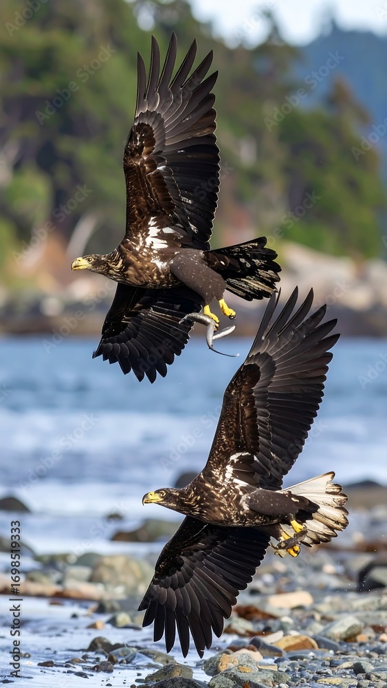 Naklejka premium Two magnificent eagles soar above a rocky shoreline, wings outstretched in a powerful display of flight.