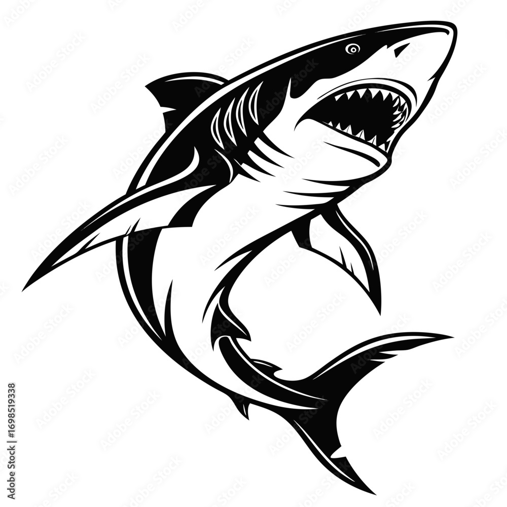 Naklejka premium Aggressive shark with open mouth and sharp teeth in black and white
