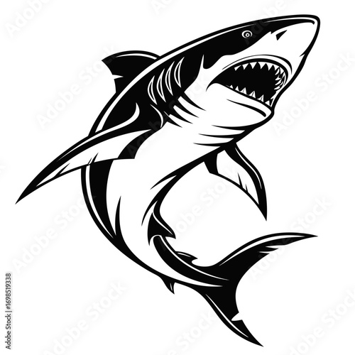 Aggressive shark with open mouth and sharp teeth in black and white