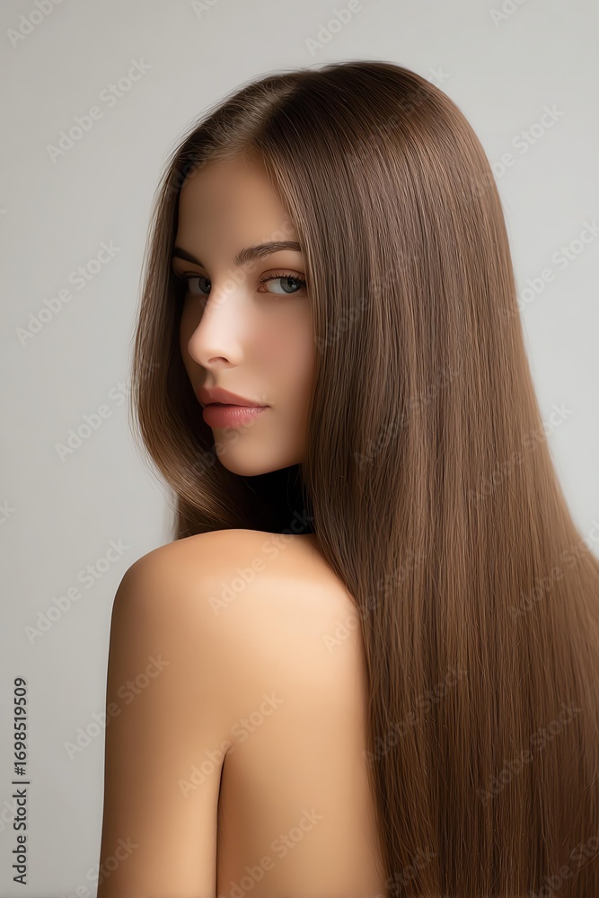 Fototapeta premium Woman with long, sleek brown hair posing.