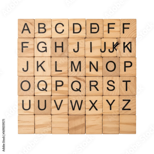 Vintage light brown wooden letter tiles with black A-Z letters and blank tiles, arranged in a grid on a transparent background, top-down, sharp focus. Concept of language education