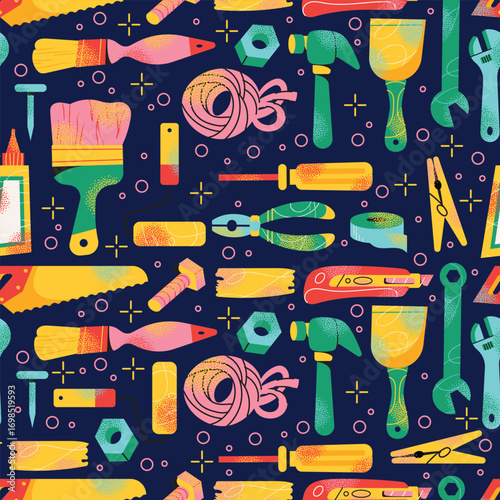 Seamless pattern hand tools saw, wrench, screwdriver, hammer, pliers, cutter, tape, paintbrush, roller, glue and rope. Construction and repair tool. Flat vector Household equipment concept