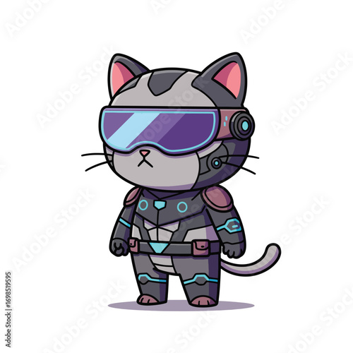 A cartoon cat in a futuristic robotic suit with goggles