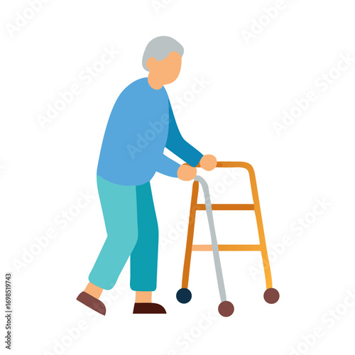 Elderly man using walker isolated on black background