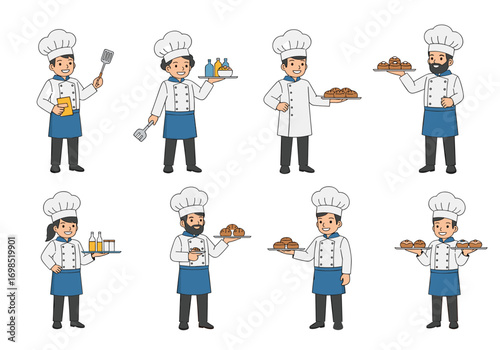 Collection of cartoon chefs presenting food and drinks with smiling faces