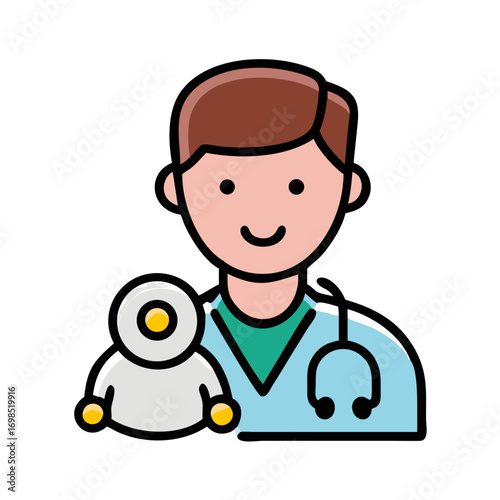 Smiling doctor and robot healthcare provider icon illustration