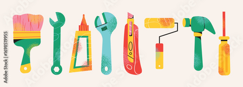 Set of DIY and home repair tools. Colorful illustration of various construction equipment like a paint brush, wrench, hammer, and screwdriver. Flat vector Household equipment concept