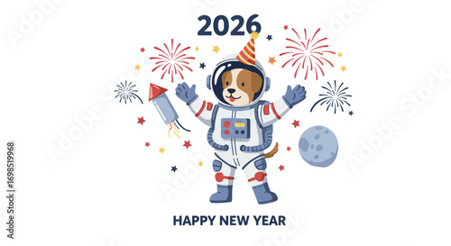 A cartoon dog in an astronaut suit celebrates New Year 2026