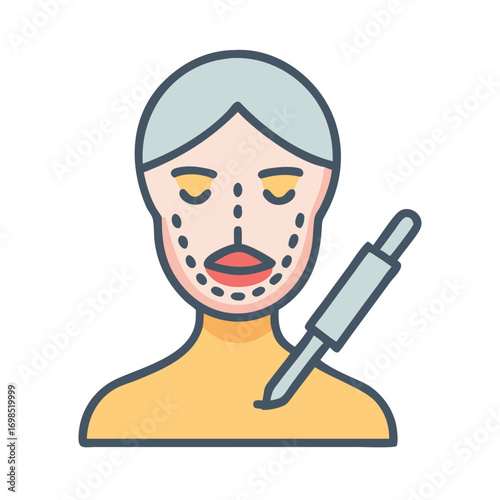 Cosmetic surgery preparation illustration with injection and dotted lines