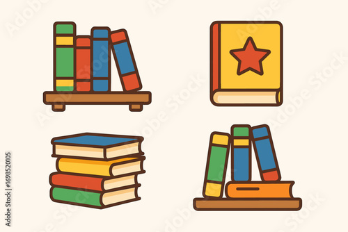 Colorful Book Icons Set – Stack, Shelf, Hardcover, Reading Materials