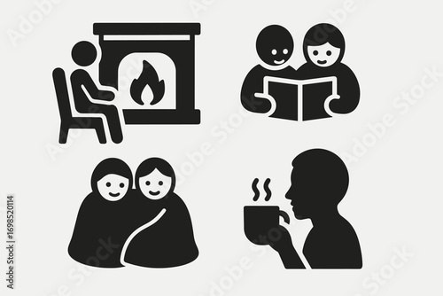 Cozy Winter Moments Icons – Fireplace, Reading, Warm Drinks and Hugs