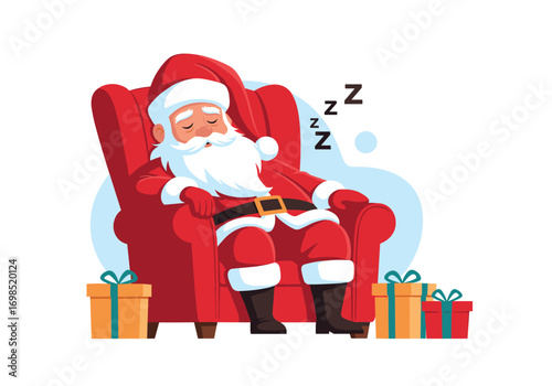 Tired santa claus napping peacefully in cozy red armchair surrounded by wrapped gifts