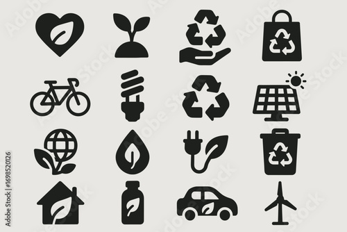 Eco-Friendly Icons Set – Sustainability, Recycling, Renewable Energy, Green Living
